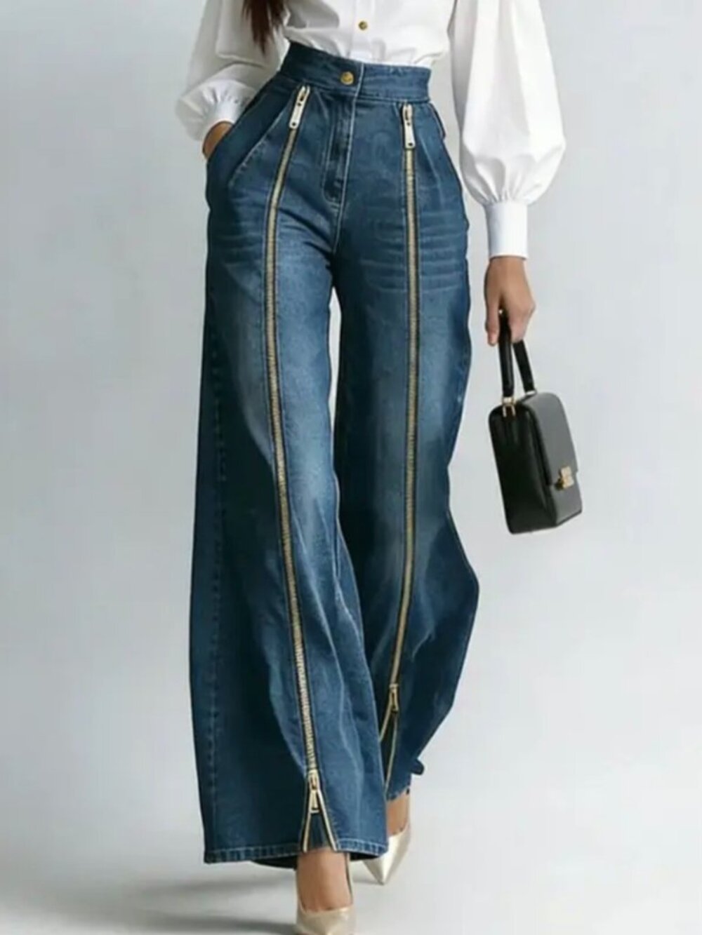 Double Zipper Wide Leg Jeans for Women Draped Straight Long Pants